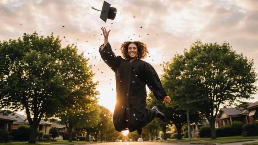 An ecstatic graduate in a cap and gown, mid-air jump with a wide smile, confetti raining down, celebrating their joyous graduation photography Blackburn Victoria milestone against a soft-focus backdrop of Blackburn's leafy streets at golden hour, capturing an epic moment of pure triumph.