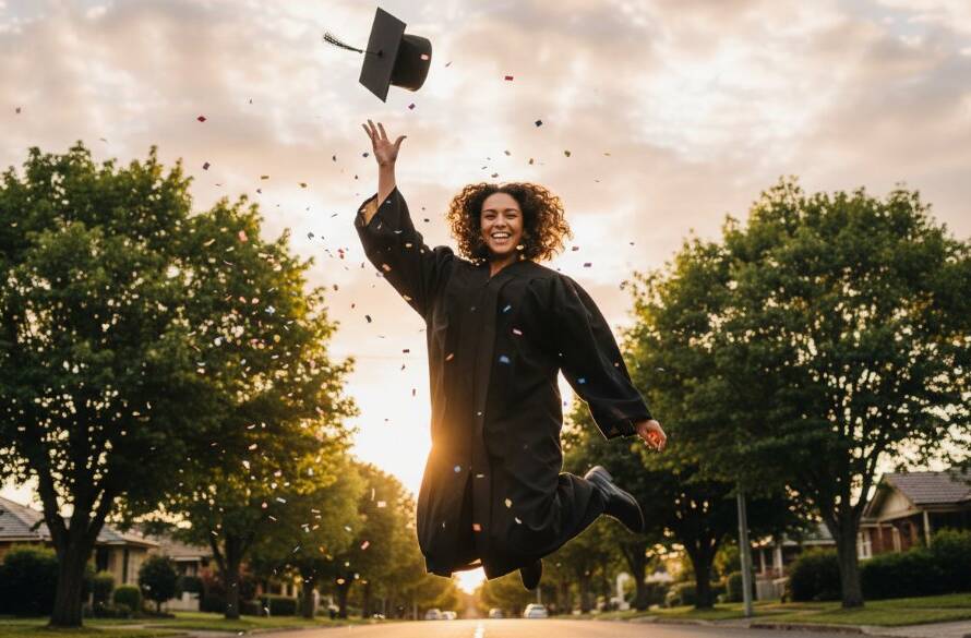 An ecstatic graduate in a cap and gown, mid-air jump with a wide smile, confetti raining down, celebrating their joyous graduation photography Blackburn Victoria milestone against a soft-focus backdrop of Blackburn's leafy streets at golden hour, capturing an epic moment of pure triumph.