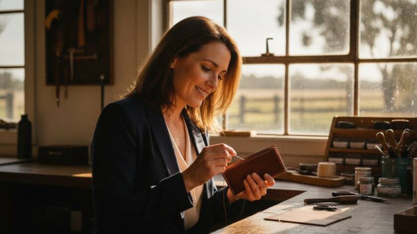 Dynamic shot of a local artisan smiling brightly, holding a handcrafted item amidst natural light in their modern Junction Village studio, embodying the essence of quality craftsmanship for their Junction Village bespoke branding photography services, captured with a shallow depth of field and warm, inviting tones.