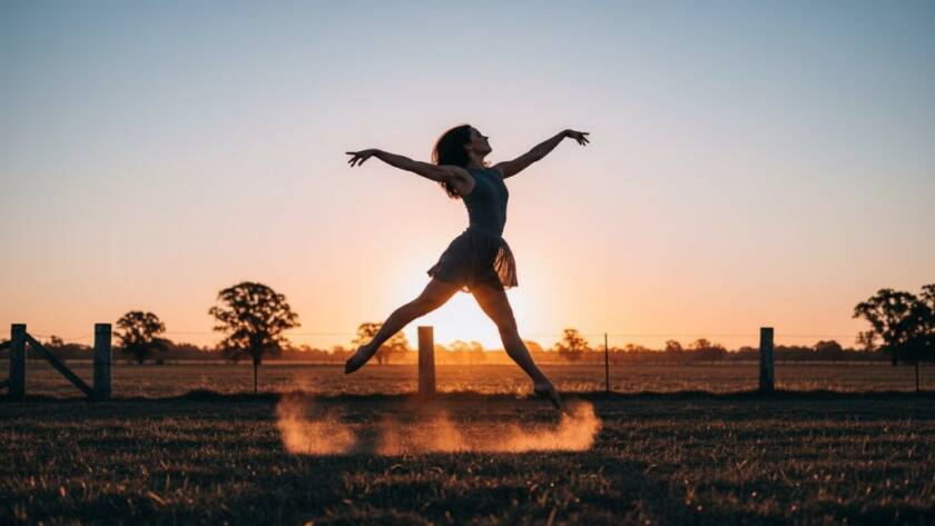 Dynamic wide shot of a contemporary dancer mid-leap, silhouetted against a golden hour sky over a rustic Junction Village landscape, embodying Junction Village contemporary dance photography storytelling with dramatic lighting and emotive movement.