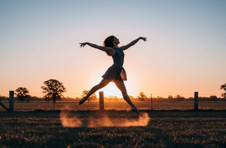 Dynamic wide shot of a contemporary dancer mid-leap, silhouetted against a golden hour sky over a rustic Junction Village landscape, embodying Junction Village contemporary dance photography storytelling with dramatic lighting and emotive movement.