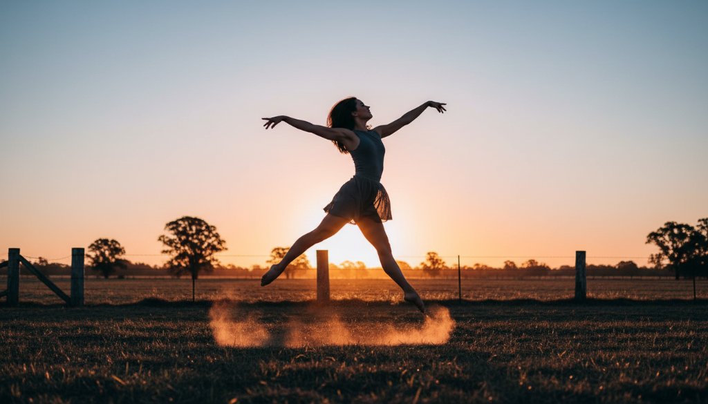 Dynamic wide shot of a contemporary dancer mid-leap, silhouetted against a golden hour sky over a rustic Junction Village landscape, embodying Junction Village contemporary dance photography storytelling with dramatic lighting and emotive movement.
