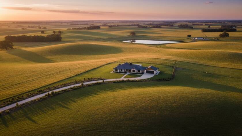 A breathtaking aerial view of a sprawling rural property in Junction Village, captured by expert drone photography for rural property marketing, showcasing golden hour light on rolling hills and a winding driveway, conveying peace and expansive beauty.