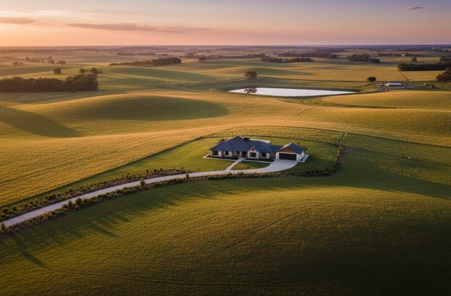 A breathtaking aerial view of a sprawling rural property in Junction Village, captured by expert drone photography for rural property marketing, showcasing golden hour light on rolling hills and a winding driveway, conveying peace and expansive beauty.