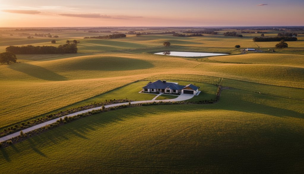 A breathtaking aerial view of a sprawling rural property in Junction Village, captured by expert drone photography for rural property marketing, showcasing golden hour light on rolling hills and a winding driveway, conveying peace and expansive beauty.