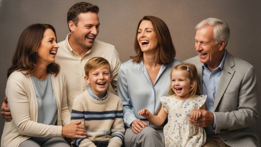 A heartwarming, professional studio photograph of a multiracial family laughing joyfully, captured as Junction Village Family Studio Portraits, with dramatic, soft lighting illuminating their genuine connection, featuring a young child embracing their parents against a neutral backdrop.