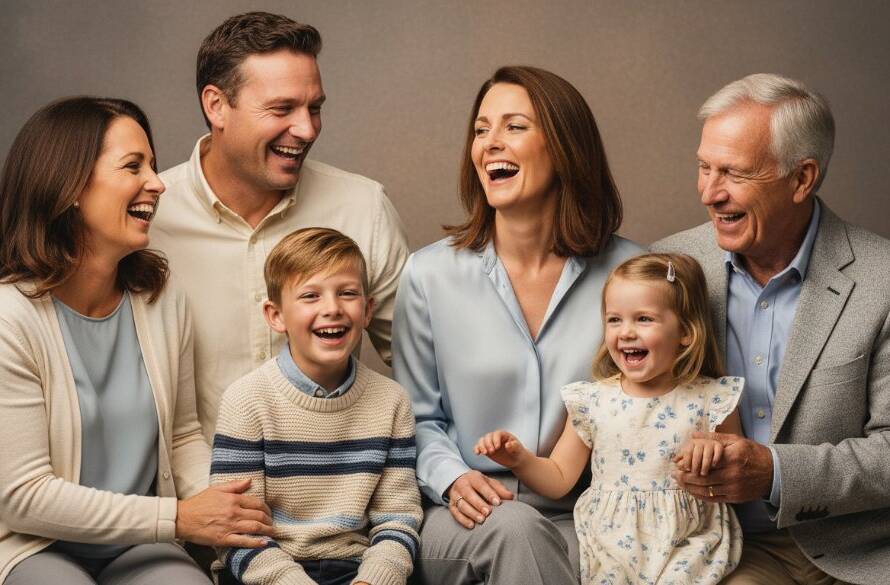 A heartwarming, professional studio photograph of a multiracial family laughing joyfully, captured as Junction Village Family Studio Portraits, with dramatic, soft lighting illuminating their genuine connection, featuring a young child embracing their parents against a neutral backdrop.