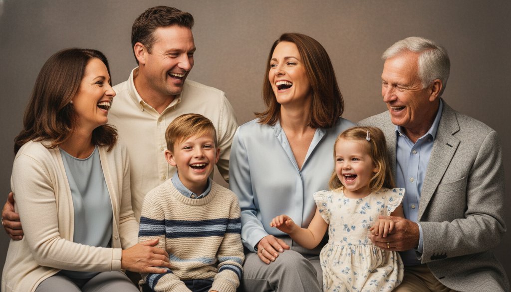 A heartwarming, professional studio photograph of a multiracial family laughing joyfully, captured as Junction Village Family Studio Portraits, with dramatic, soft lighting illuminating their genuine connection, featuring a young child embracing their parents against a neutral backdrop.
