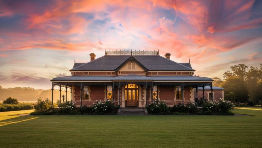 Dramatic evening shot capturing the intricate details of a classic Junction Village heritage building photography Victoria, with warm glowing lights illuminating its historic facade under a twilight sky, showcasing its timeless grandeur.