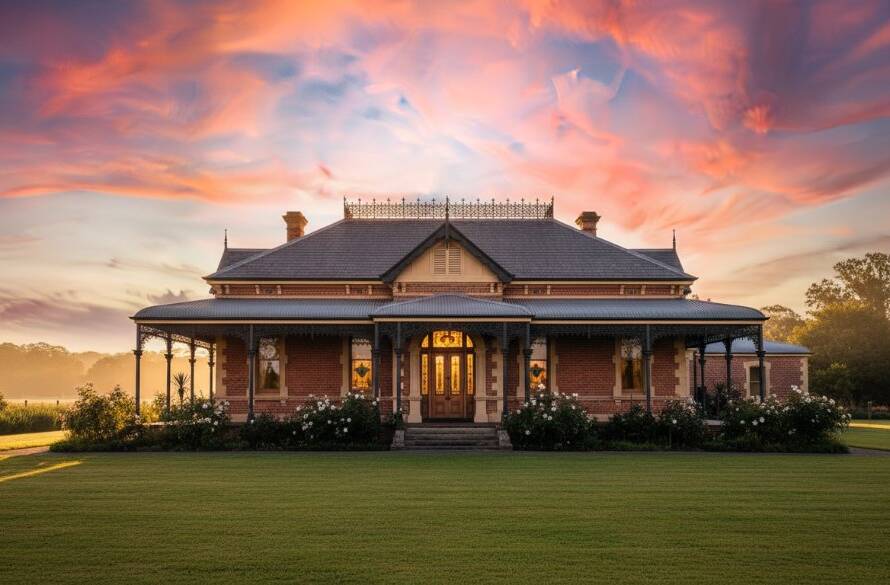 Dramatic evening shot capturing the intricate details of a classic Junction Village heritage building photography Victoria, with warm glowing lights illuminating its historic facade under a twilight sky, showcasing its timeless grandeur.