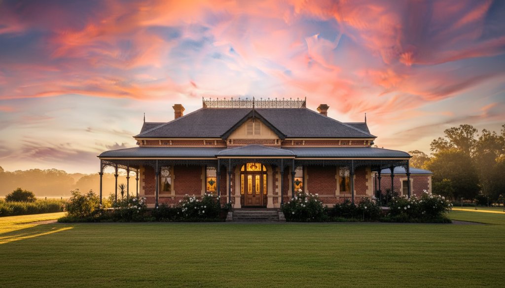 Dramatic evening shot capturing the intricate details of a classic Junction Village heritage building photography Victoria, with warm glowing lights illuminating its historic facade under a twilight sky, showcasing its timeless grandeur.