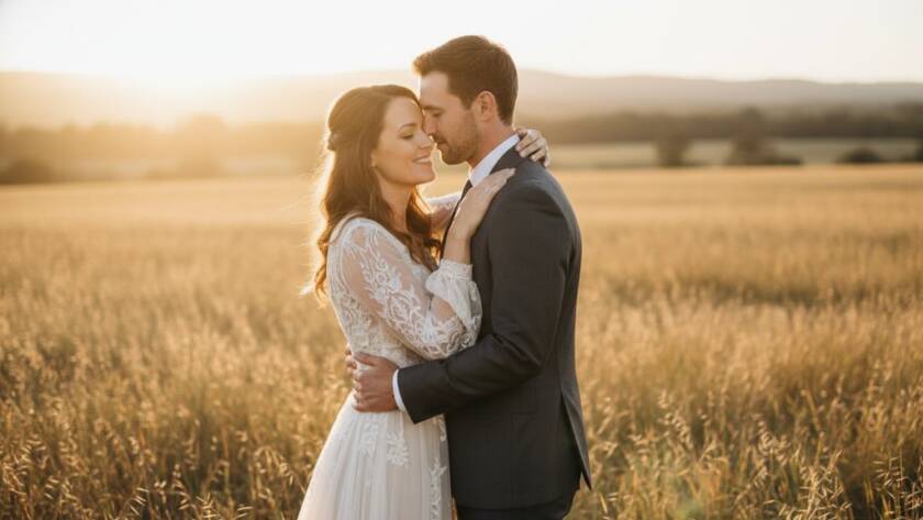 A stunning wide shot of a newlywed couple sharing an intimate, joyful moment at sunset amidst the rustic charm of Junction Village, Victoria, beautifully lit with golden hour glow, perfectly encapsulating Junction Village Intimate Wedding Photography Victoria.