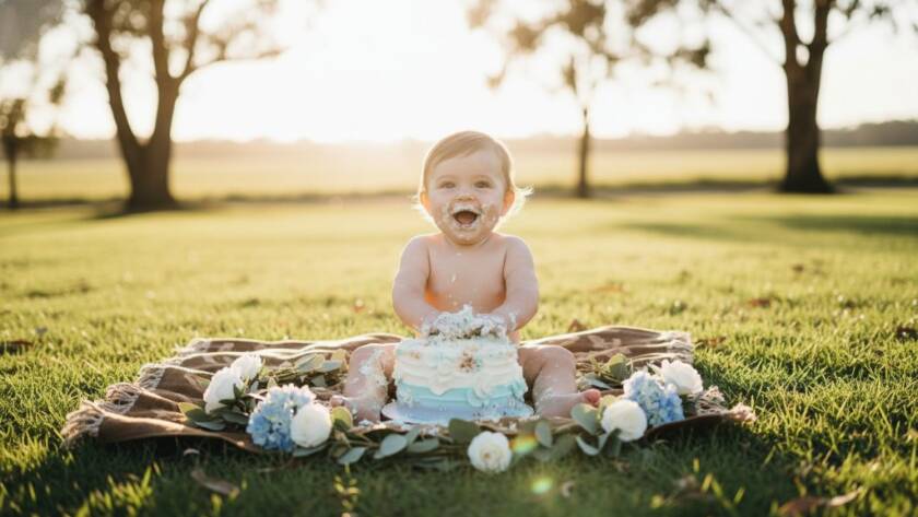 An epic moment captured in Junction Village memorable first birthday cake smash photography, showing a delighted baby, eyes wide with wonder, covered in frosting amidst a rustic outdoor setting, golden hour light illuminating the scene with a cinematic feel.