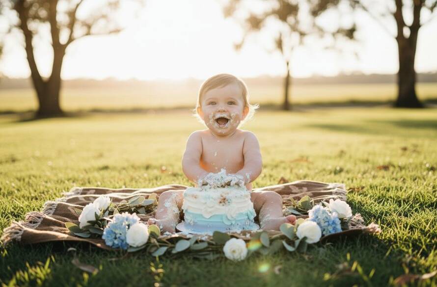 An epic moment captured in Junction Village memorable first birthday cake smash photography, showing a delighted baby, eyes wide with wonder, covered in frosting amidst a rustic outdoor setting, golden hour light illuminating the scene with a cinematic feel.