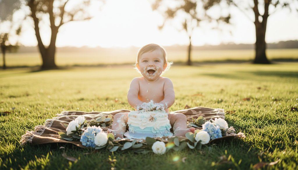 An epic moment captured in Junction Village memorable first birthday cake smash photography, showing a delighted baby, eyes wide with wonder, covered in frosting amidst a rustic outdoor setting, golden hour light illuminating the scene with a cinematic feel.