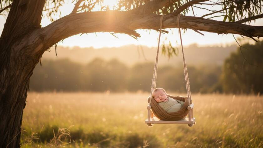 A breathtaking, wide-angle cinematic photograph of a newborn baby peacefully sleeping in a rustic, handcrafted wooden bassinet, bathed in soft, golden hour light filtering through eucalyptus trees in a serene Junction Village outdoor setting. The image captures the tender 'Junction Village newborn photography unforgettable moments' with a warm, dreamy colour palette and shallow depth of field, highlighting the baby's delicate features.