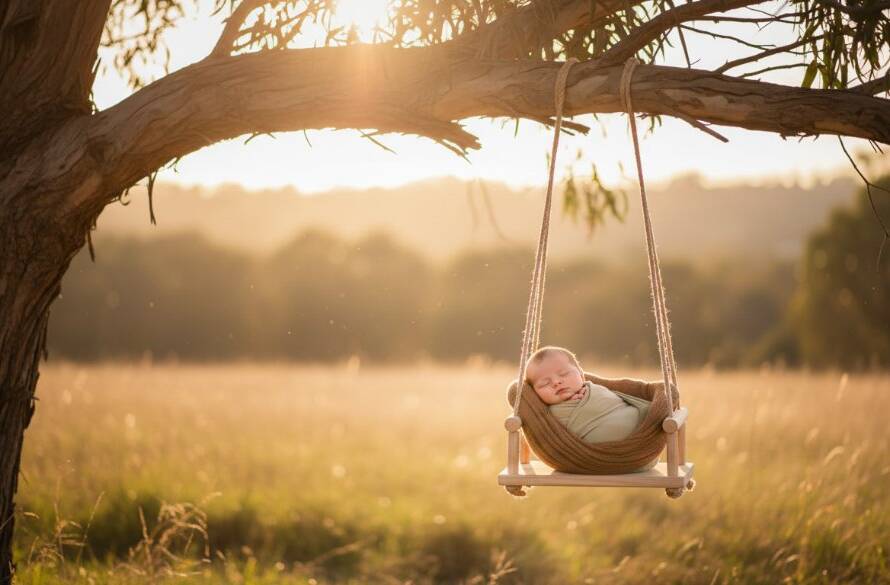 A breathtaking, wide-angle cinematic photograph of a newborn baby peacefully sleeping in a rustic, handcrafted wooden bassinet, bathed in soft, golden hour light filtering through eucalyptus trees in a serene Junction Village outdoor setting. The image captures the tender 'Junction Village newborn photography unforgettable moments' with a warm, dreamy colour palette and shallow depth of field, highlighting the baby's delicate features.