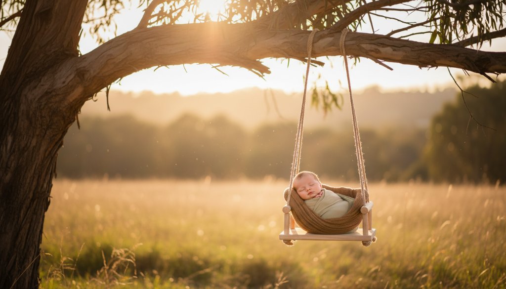 A breathtaking, wide-angle cinematic photograph of a newborn baby peacefully sleeping in a rustic, handcrafted wooden bassinet, bathed in soft, golden hour light filtering through eucalyptus trees in a serene Junction Village outdoor setting. The image captures the tender 'Junction Village newborn photography unforgettable moments' with a warm, dreamy colour palette and shallow depth of field, highlighting the baby's delicate features.