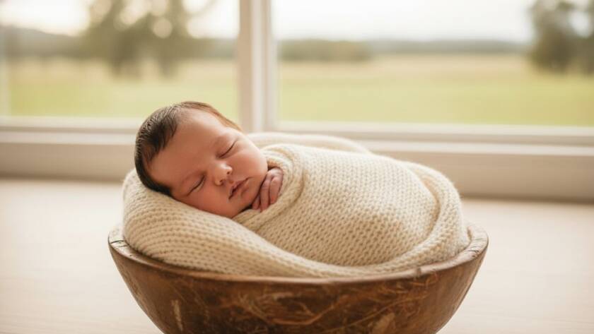 A tender, cinematic close-up of a sleeping newborn baby swaddled in soft white fabric, held gently in a parent's hands, with warm, glowing light filtering in from a window in a serene Junction Village home, perfectly encapsulating the essence of Junction Village newborn photography Victoria.