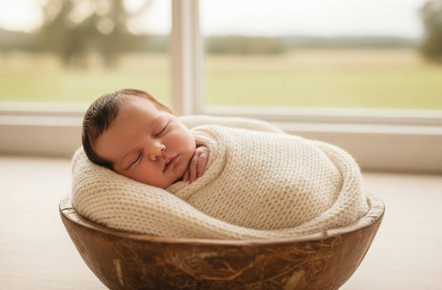 A tender, cinematic close-up of a sleeping newborn baby swaddled in soft white fabric, held gently in a parent's hands, with warm, glowing light filtering in from a window in a serene Junction Village home, perfectly encapsulating the essence of Junction Village newborn photography Victoria.