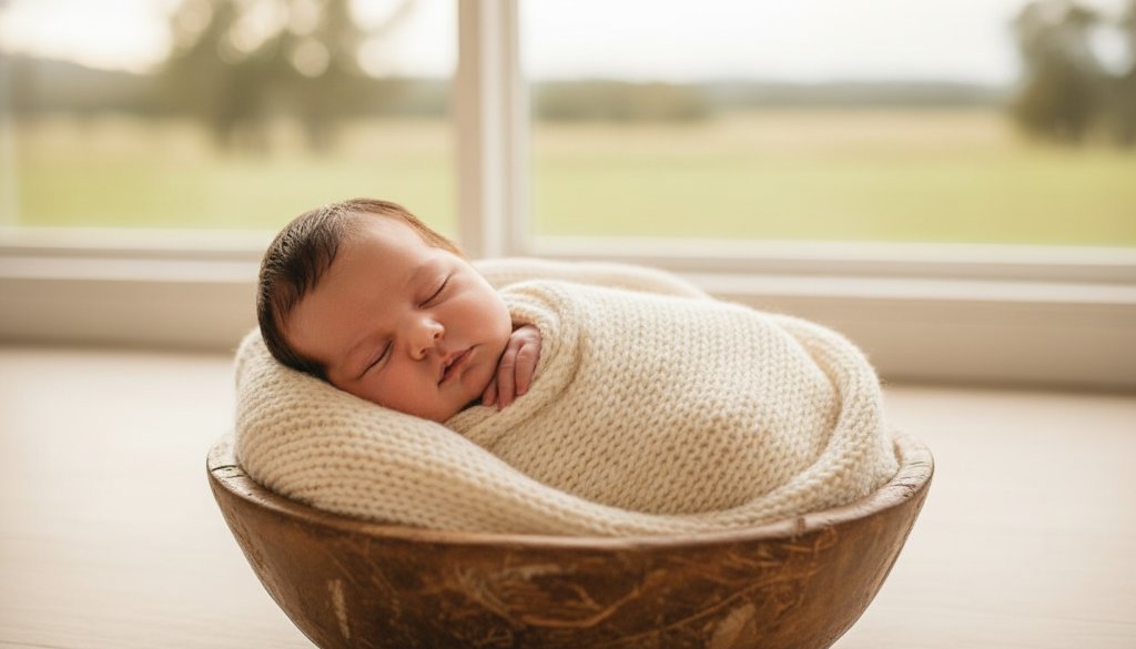 A tender, cinematic close-up of a sleeping newborn baby swaddled in soft white fabric, held gently in a parent's hands, with warm, glowing light filtering in from a window in a serene Junction Village home, perfectly encapsulating the essence of Junction Village newborn photography Victoria.