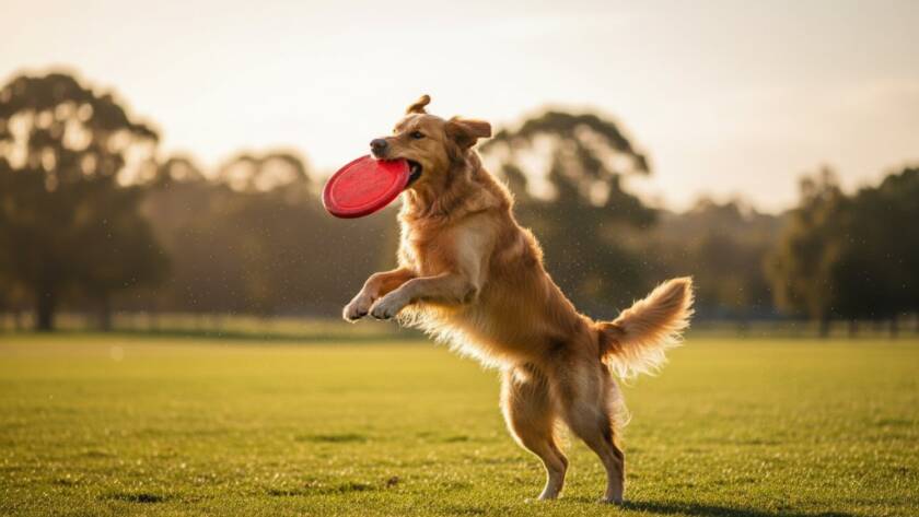 A golden retriever joyfully leaps through the air, catching a frisbee in a sun-drenched Junction Village dog park, expertly captured by Junction Village pet photography capturing joyful dog park moments.