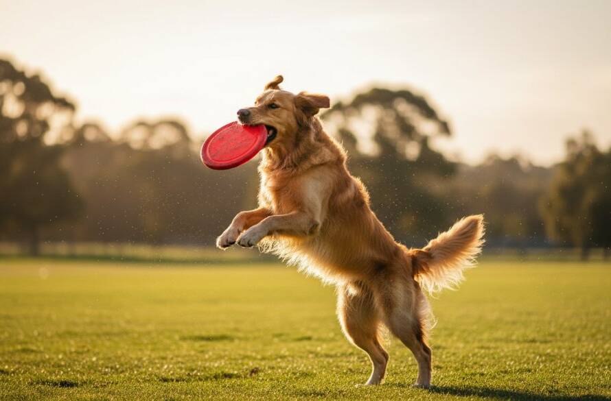 A golden retriever joyfully leaps through the air, catching a frisbee in a sun-drenched Junction Village dog park, expertly captured by Junction Village pet photography capturing joyful dog park moments.
