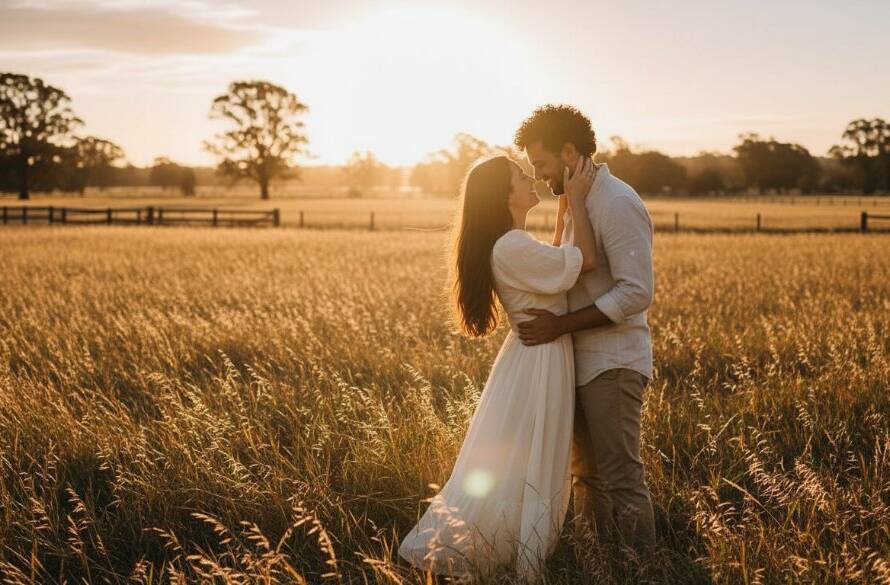 A couple shares a tender, romantic embrace at sunset in a sprawling Junction Village landscape, bathed in golden light, illustrating the magic of a Junction Village Pre-Wedding Photography Guide session.