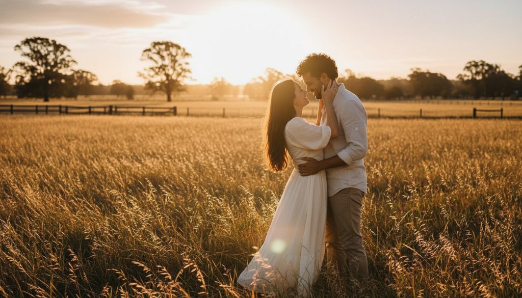 A couple shares a tender, romantic embrace at sunset in a sprawling Junction Village landscape, bathed in golden light, illustrating the magic of a Junction Village Pre-Wedding Photography Guide session.