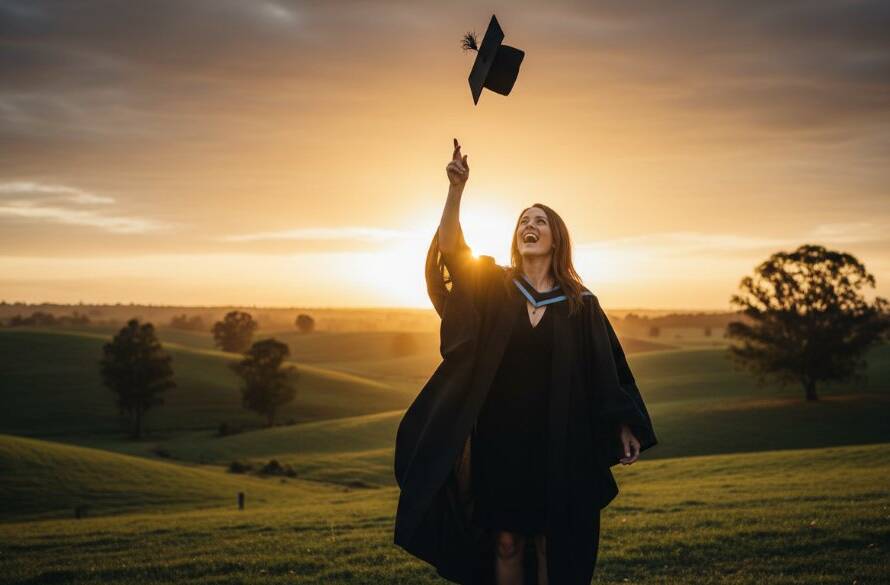A triumphant graduate in a cap and gown, framed by the golden hour light of a Junction Village landscape, tossing their cap high in the air, celebrating their Junction Village Professional Graduation Photography session with a joyful, epic moment.