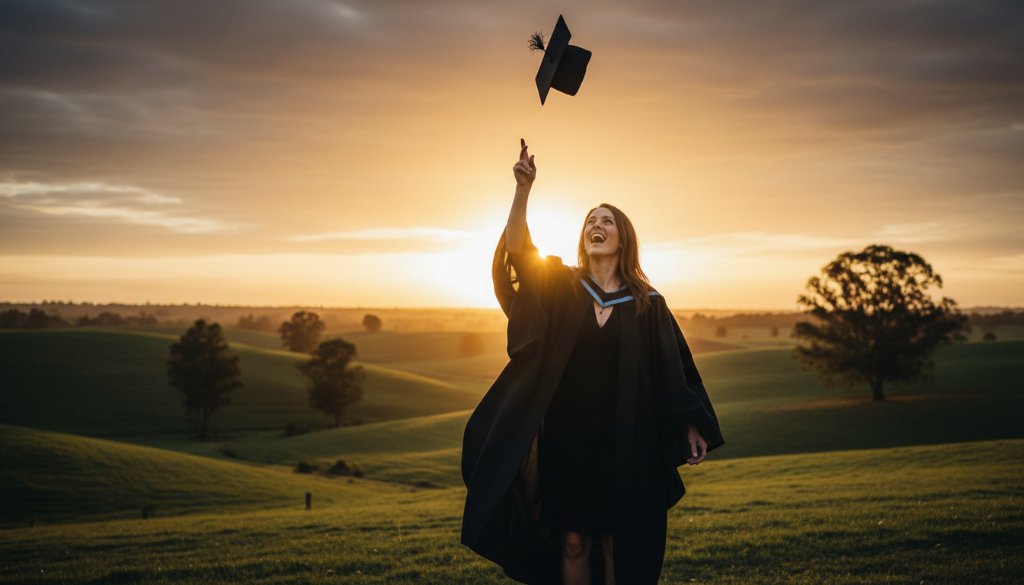 A triumphant graduate in a cap and gown, framed by the golden hour light of a Junction Village landscape, tossing their cap high in the air, celebrating their Junction Village Professional Graduation Photography session with a joyful, epic moment.
