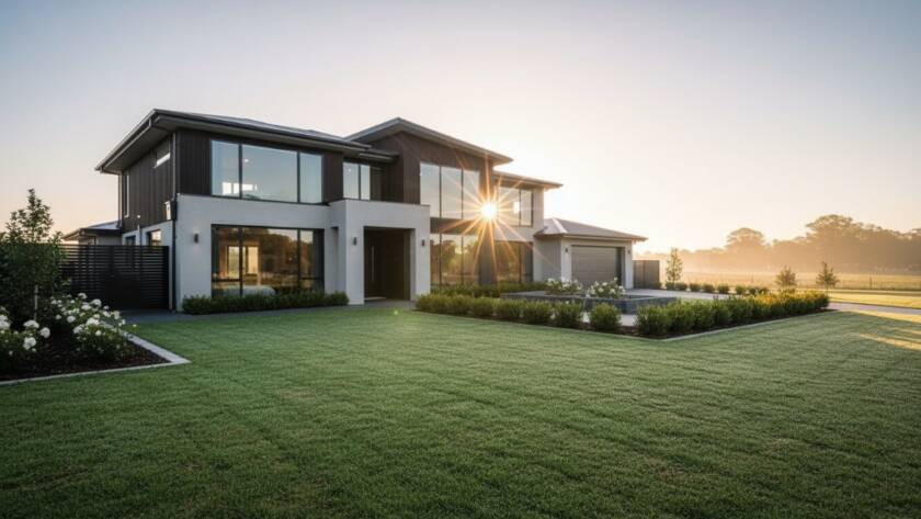 A wide-angle, cinematic photograph showcasing a luxurious, modern family home in Junction Village at sunset, with golden hour light illuminating the facade and a pristine garden. This 'Junction Village real estate photography stunning listings' shot captures the essence of sophisticated living.