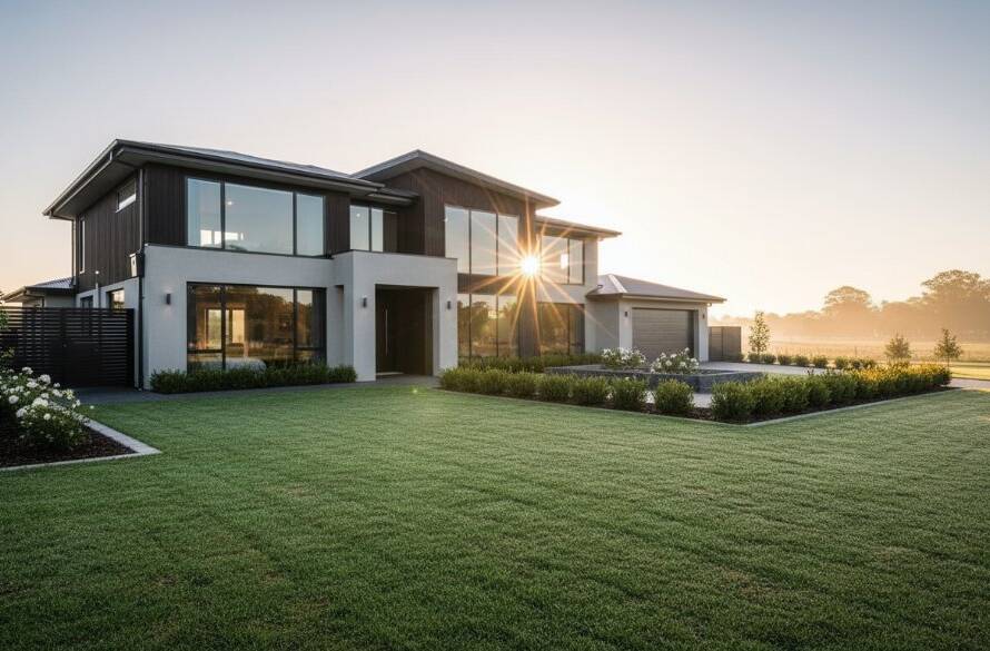 A wide-angle, cinematic photograph showcasing a luxurious, modern family home in Junction Village at sunset, with golden hour light illuminating the facade and a pristine garden. This 'Junction Village real estate photography stunning listings' shot captures the essence of sophisticated living.