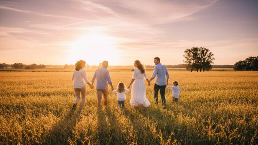 An epic moment of a multi-generational family laughing joyfully together in a golden sunset field near Junction Village, Victoria, beautifully capturing their authentic connection during a family photography session.