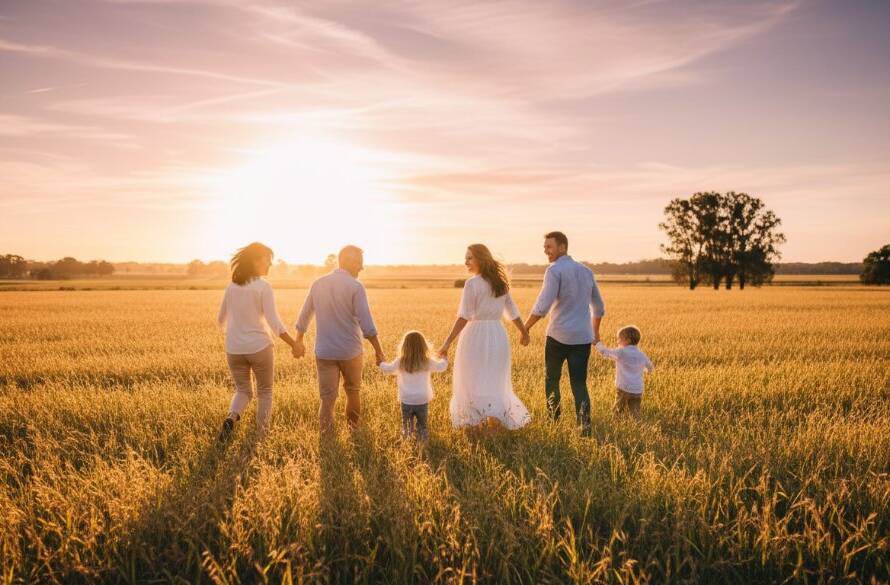 An epic moment of a multi-generational family laughing joyfully together in a golden sunset field near Junction Village, Victoria, beautifully capturing their authentic connection during a family photography session.