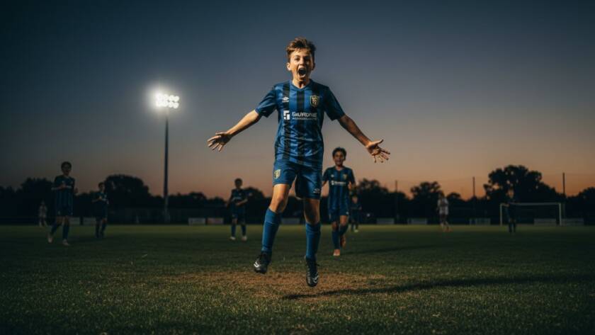 A dynamic, professional photograph capturing a thrilling, epic moment in Junction Village youth sports photography, showing a young athlete mid-action, bathed in dramatic stadium lighting with vibrant colours, celebrating a goal.