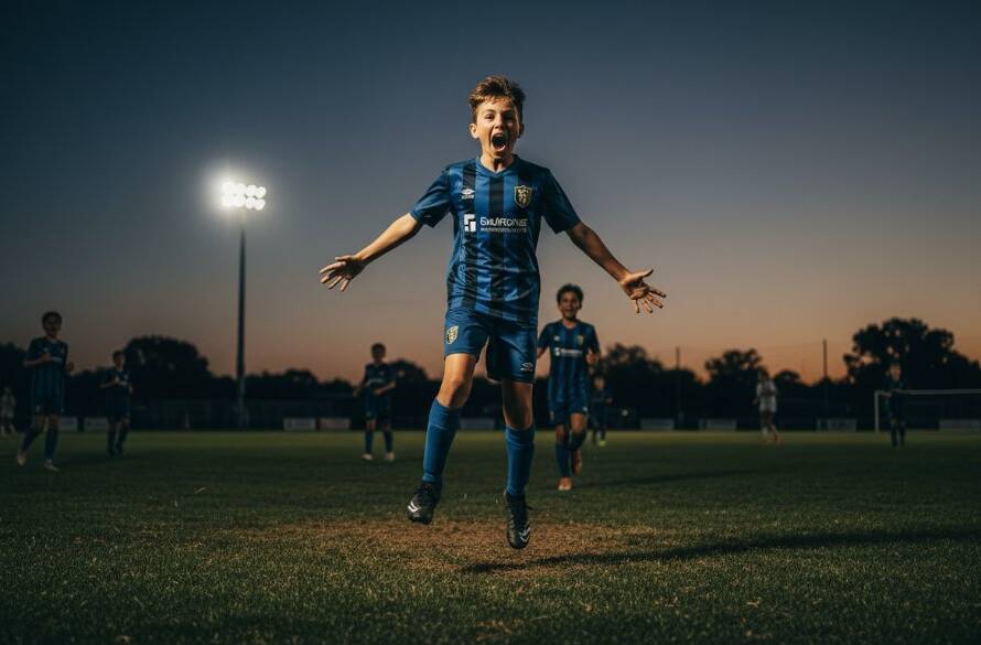 A dynamic, professional photograph capturing a thrilling, epic moment in Junction Village youth sports photography, showing a young athlete mid-action, bathed in dramatic stadium lighting with vibrant colours, celebrating a goal.