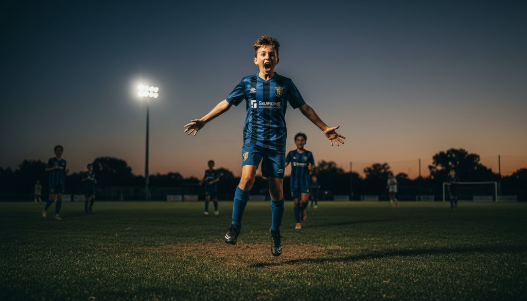 A dynamic, professional photograph capturing a thrilling, epic moment in Junction Village youth sports photography, showing a young athlete mid-action, bathed in dramatic stadium lighting with vibrant colours, celebrating a goal.