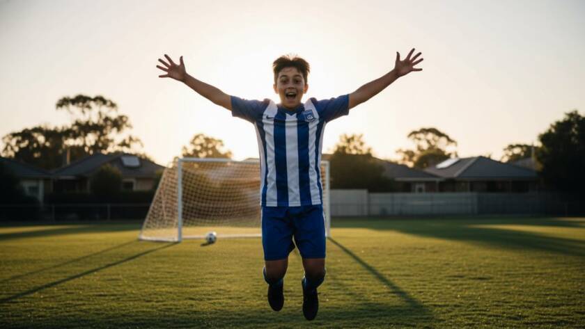 A dynamic, professional photograph capturing a young athlete mid-action during a junior sports photography Brighton East Victoria event, showcasing intense focus and movement with dramatic lighting and vibrant colours.