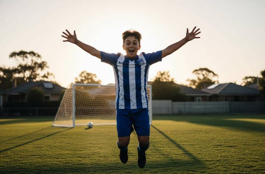 A dynamic, professional photograph capturing a young athlete mid-action during a junior sports photography Brighton East Victoria event, showcasing intense focus and movement with dramatic lighting and vibrant colours.