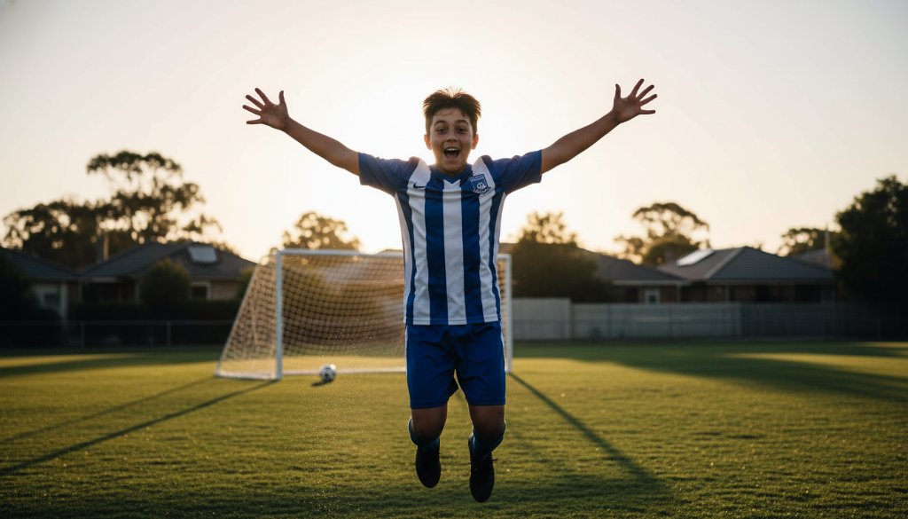 A dynamic, professional photograph capturing a young athlete mid-action during a junior sports photography Brighton East Victoria event, showcasing intense focus and movement with dramatic lighting and vibrant colours.