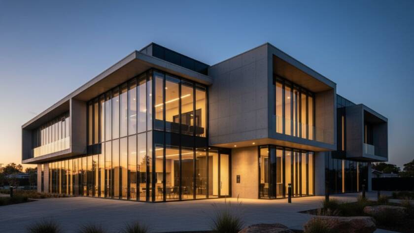 Dramatic wide-angle shot of a sleek, modern architectural building in Kealba, Melbourne, at dusk, with dynamic lighting highlighting its glass and steel facade against a vibrant sky, perfectly embodying Kealba Architecture Photography Melbourne Modern Facades.