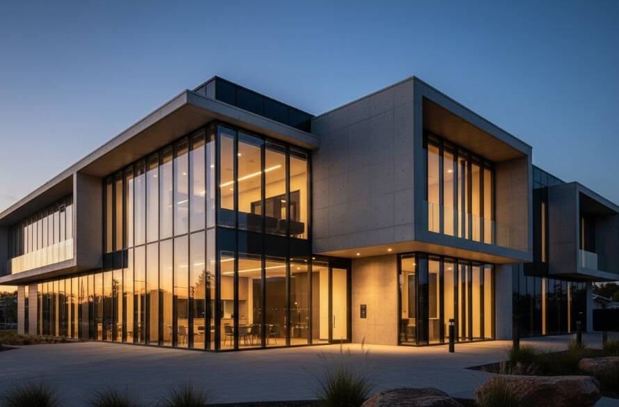 Dramatic wide-angle shot of a sleek, modern architectural building in Kealba, Melbourne, at dusk, with dynamic lighting highlighting its glass and steel facade against a vibrant sky, perfectly embodying Kealba Architecture Photography Melbourne Modern Facades.