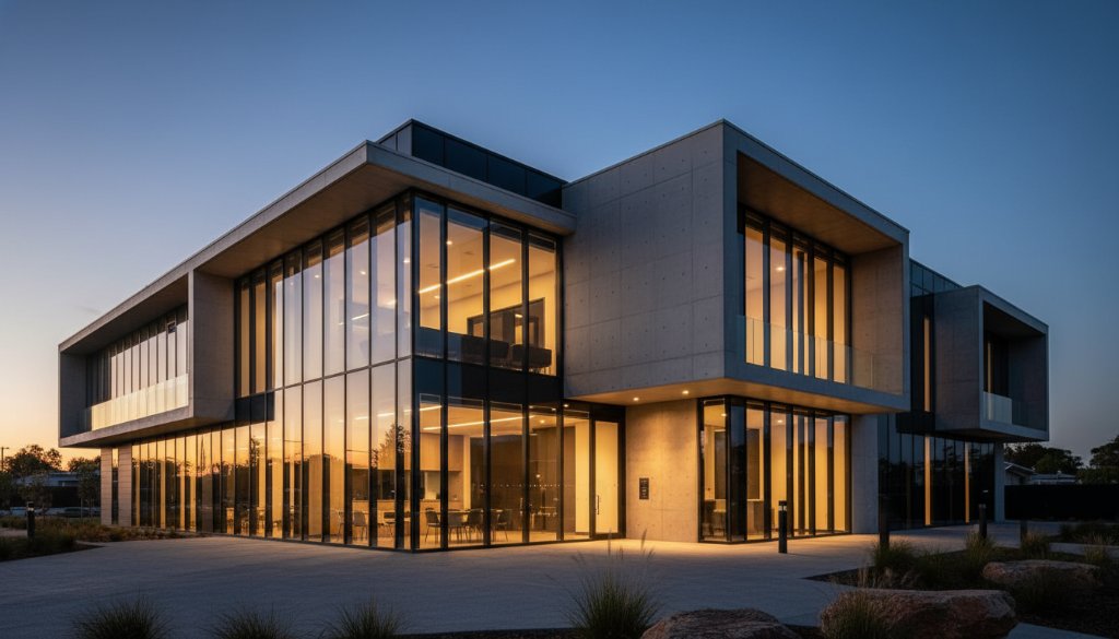 Dramatic wide-angle shot of a sleek, modern architectural building in Kealba, Melbourne, at dusk, with dynamic lighting highlighting its glass and steel facade against a vibrant sky, perfectly embodying Kealba Architecture Photography Melbourne Modern Facades.