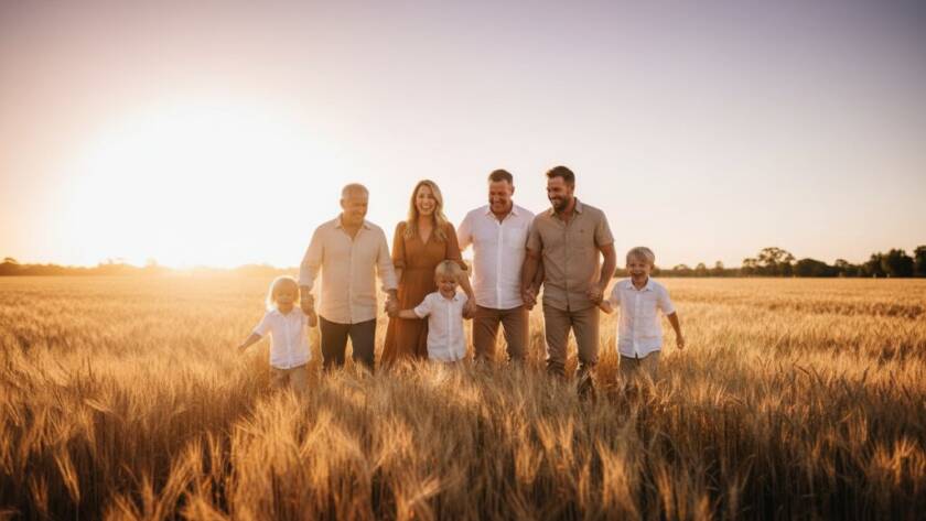 An emotional, low-angle shot of a family embracing outdoors in a golden field during sunset in Kealba, capturing authentic Kealba candid family photography tips for natural smiles with dramatic lens flare, professional colour grading, and a shallow depth of field, highlighting their genuine connection.