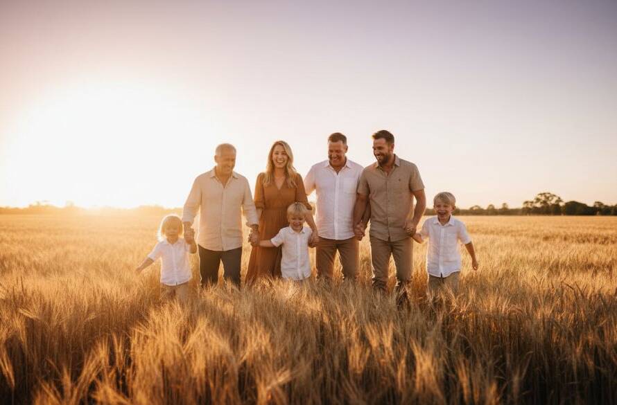 An emotional, low-angle shot of a family embracing outdoors in a golden field during sunset in Kealba, capturing authentic Kealba candid family photography tips for natural smiles with dramatic lens flare, professional colour grading, and a shallow depth of field, highlighting their genuine connection.
