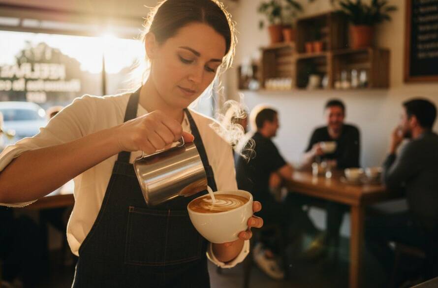 A dynamic, dramatic wide-angle shot of a local artisanal bakery owner in Kealba proudly presenting their freshly baked sourdough, with morning light streaming through the window, highlighting the craft and quality, perfect for Kealba commercial photography for local businesses.