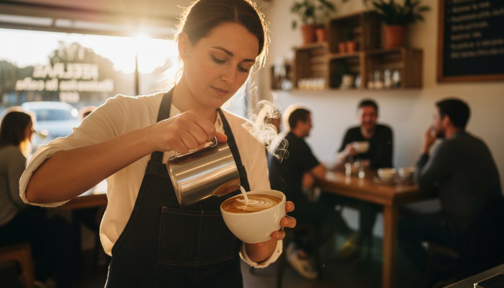 A dynamic, dramatic wide-angle shot of a local artisanal bakery owner in Kealba proudly presenting their freshly baked sourdough, with morning light streaming through the window, highlighting the craft and quality, perfect for Kealba commercial photography for local businesses.