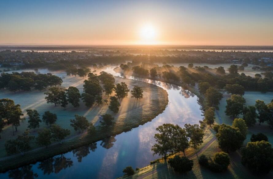 Dramatic aerial view of Kealba, Victoria, at sunrise, showcasing the serene Maribyrnong River winding through lush parklands. This epic shot, captured by Kealba drone photography services for panoramic landscapes, features golden light and a wide-angle perspective.