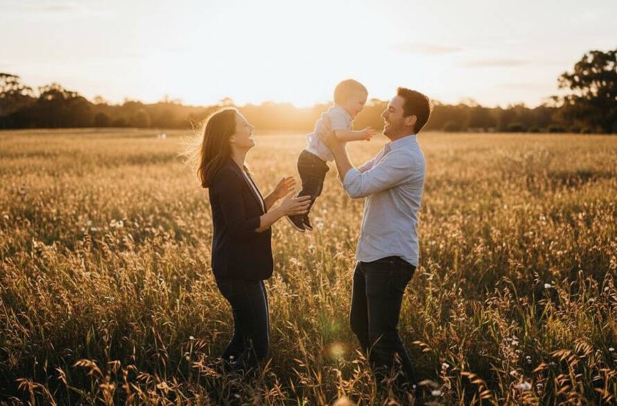 A Kealba family photographer candid moments Victoria capture of parents laughing while gently tossing their toddler in the air against a warm, golden hour backdrop in a Kealba park, evoking pure joy and connection.